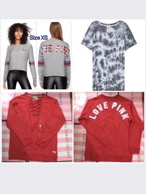 3 VICTORIA’S SECRET PINK LACE UP VARSITY PULLOVER BLING AMERICANA VARSITY TEE